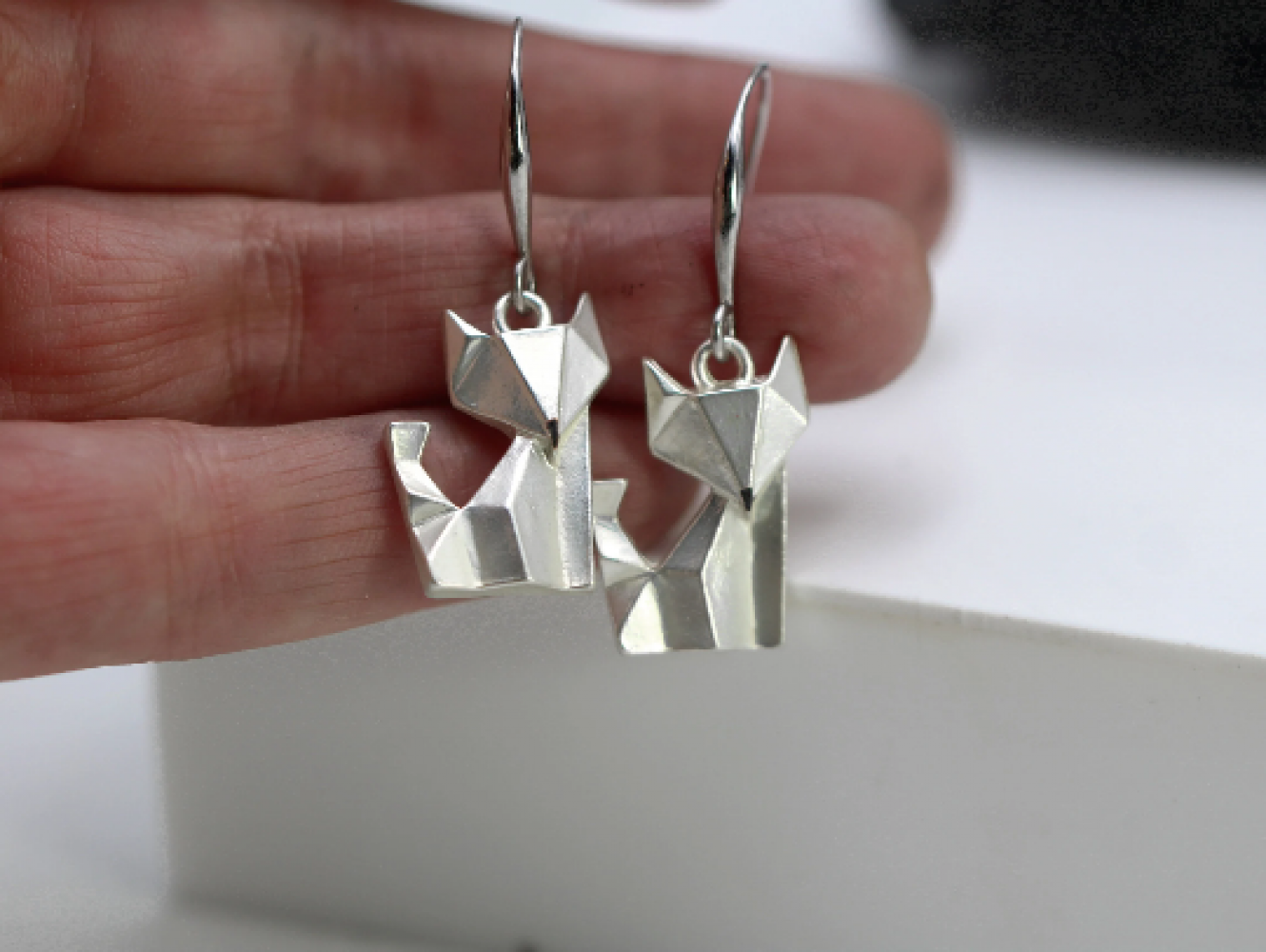Origami Fox Earrings. Silver hand painted and gilded.